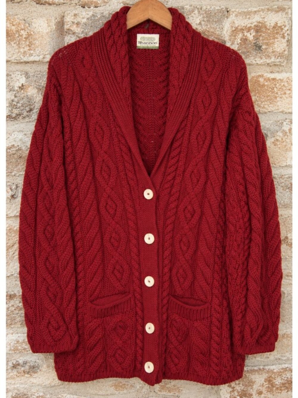 Shannon Woolen Mills Sz L Aran Cable Knit Cardigan Ireland Burgundy Pockets Soft